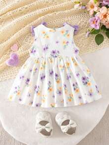 SHEIN Newborn Baby Girl Summer Cute Floral Print Sleeveless Dress - Mauve Purple - View 2