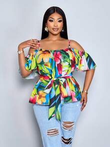 SOLERSUN Plus-Size Women's Floral V-Neck Off-Shoulder Loose Casual Blouse, Adorned With Ruffles And A Tie Waist. Spring/Summer Vacation Blouse, Fitted Casual Blouse, Green Blouse, Easter Shirt, Plus-Size Ruffled Short-Sleeved Tea Party Blouse, Everyday Commuting Blouse, A-Line Ruffled Hem Blouse, New Spring/Summer Ruffled Short-Sleeved Tie-Up Loose Blouse, Elegant, Casual, And Sexy Women's Wear. - Green - View 6