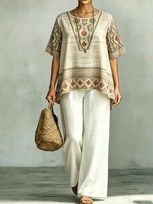 EMERY ROSE Conjunto de 2 piezas de estilo bohemio vintage para mujer de talla grande, blusa con estampado floral combinada con pantalones holgados en beige, conjunto relajado y cómodo adecuado para salidas casuales diarias, uso en casa, conjunto vintage de 2 piezas sencillo para vacaciones en el campo - Multicolor - Ver 1