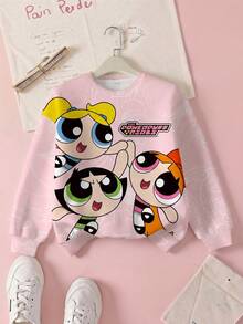 THE POWERPUFF GIRLS X SHEIN 少女休闲可爱花朵、泡泡、毛茛图案圆领卫衣，秋季 - 白色 - 查看 1