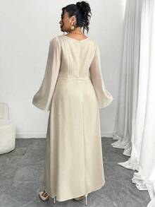 Modelyn Plus Size Patchwork Cinched Waist Long Sleeve A-Line Dress Fall Cloth For Women - Apricot - View 2
