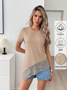 Easowa Spring/Summer Cotton Khaki Round Neck Short Sleeve Lace Patchwork Asymmetrical Hem Women's T-Shirt Brunch Casual - Khaki - View 6