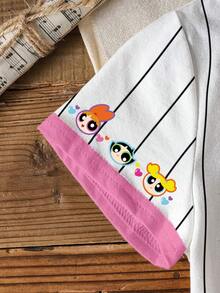 THE POWERPUFF GIRLS X SHEIN 年轻女孩休闲花朵、泡泡、毛茛图案短袖 T 恤，夏季 - 白色 - 查看 4