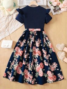 Tween Girls Dresses Spring Summer New Royal Blue Solid Color Round Neck Short Sleeve Ruffle Patchwork Floral Print Hem Tie Midi Dress, Suitable For Spring Summer Vacation, Sun Flare Dress, Girls Dress - Royal Blue - View 2