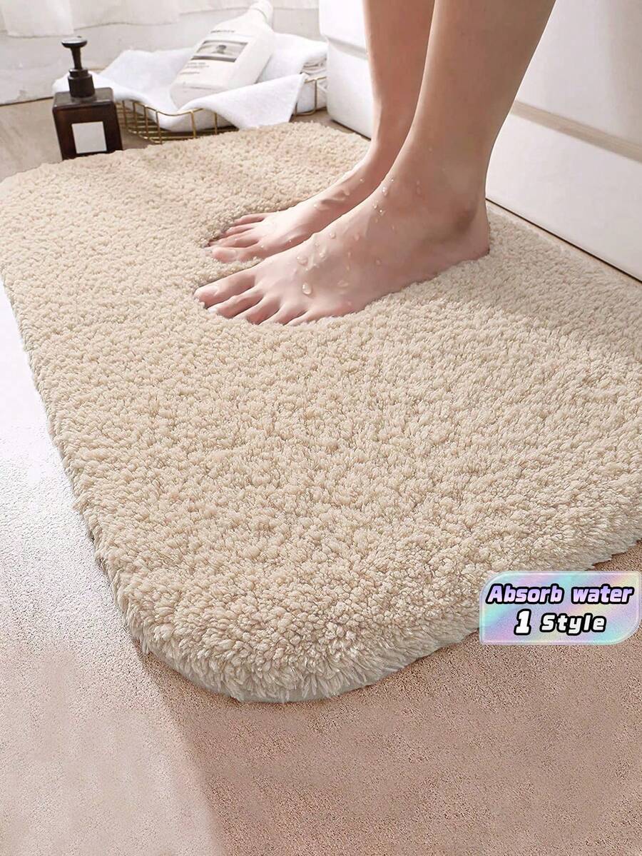 1PC Solid Color Plush Absorbent Bathroom Mat - Beige - View 1
