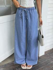 Breezaya Women's Belted Wide Leg Loose Casual Jeans - Blue - View 1
