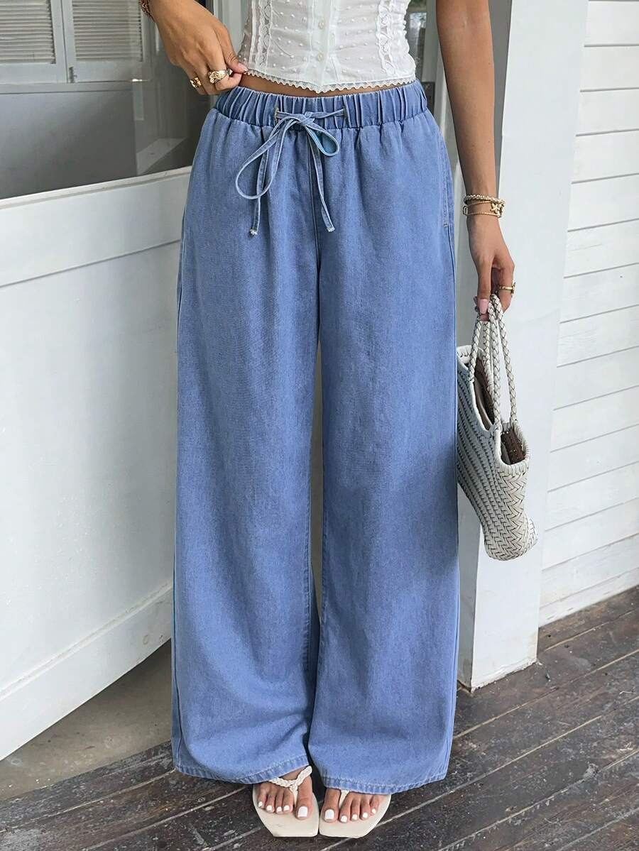 Breezaya Women's Belted Wide Leg Loose Casual Jeans - Blue - View 1