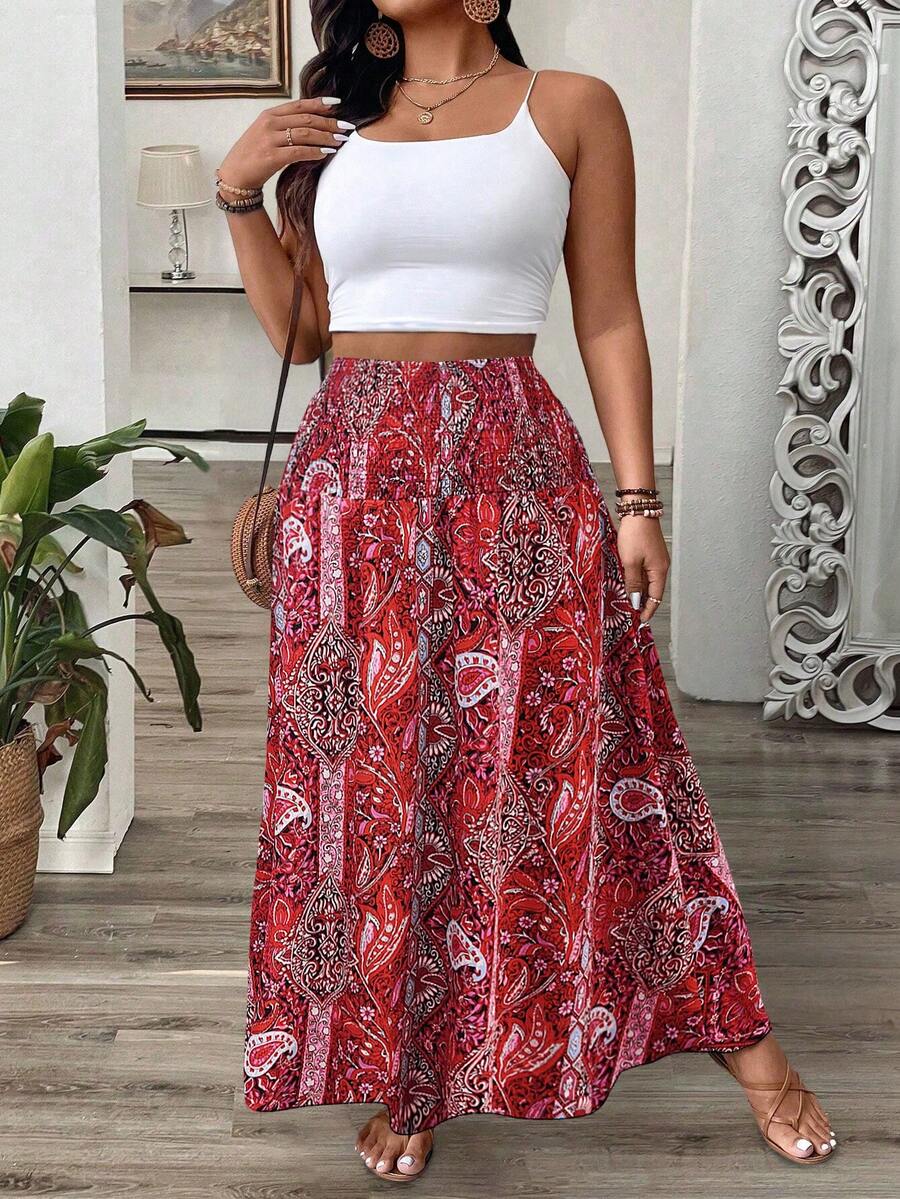 EMERY ROSE Falda maxi con estampado de flores y paisley, volantes en el bajo para mujeres de talla grande - Rojo - Ver 1