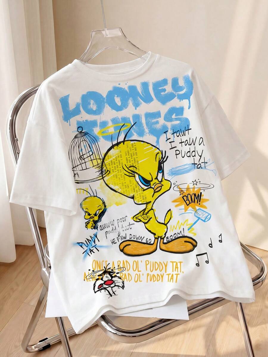 LOONEY TUNES X SHEIN 女款全身印花卡通圖案圓領套頭短袖T恤 - 白色 - 查看 1