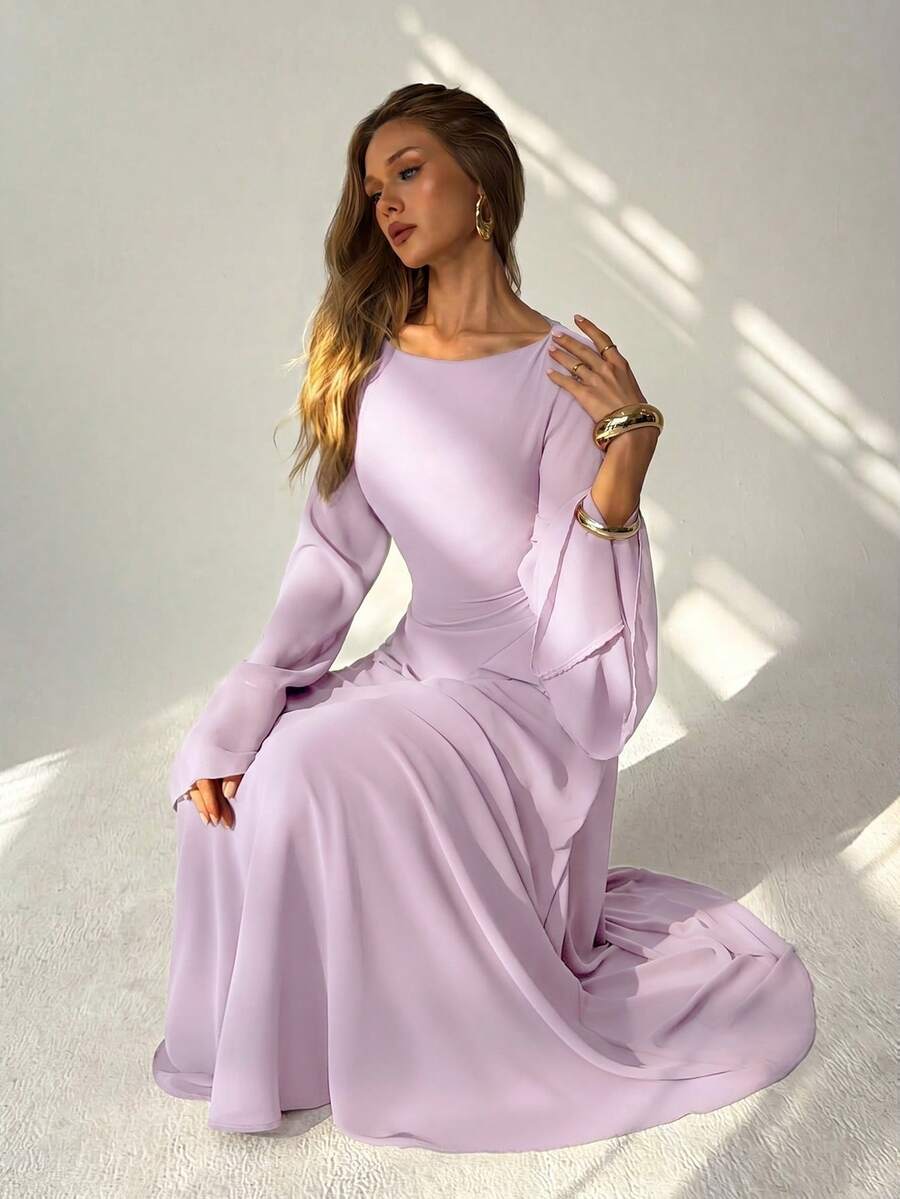 Aloruh Women's Elegant Off-Shoulder Flared Sleeve Ruffle Ruched-Back A-Line Lilac Extra Long Dress - Lilac Purple - View 1