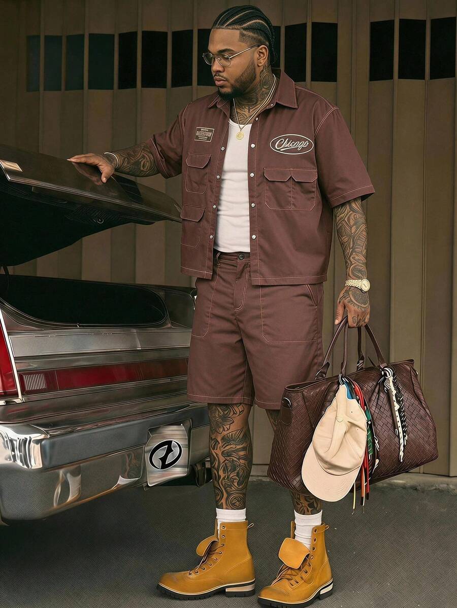 AXEPEAK Men's Plus Size Short Sleeve Shirt And Shorts Set - Brown - View 1