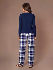 SHEIN Slogan & Plaid Printed Pajamas Set, Fall Winter Clothes Cozy And Elegant Details - Navy Blue - View 2