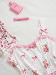 SweetSlumber Süßes niedliches Y2K Cartoon Bär Schleife Ditsy Blumen Spitze Patchwork figurbetontes Camisole Crop Top 2er Set Damen Pyjama Oberteil - Verschiedenfarbig - Übersicht 4