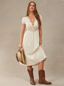 WESTFADE Women's Woven V-Neck Lace Patchwork Tie Front & Back Puff Short Sleeve Fitted Waist Long Dress - Apricot - View 4