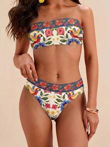 Travachic Women's Vintage Floral & Bird Print Bohemian Swimsuit Set, Suitable For Outings, Beach Vacation, Chic, Cruise Party Bathing Suit For Women - Multicolor - View 7