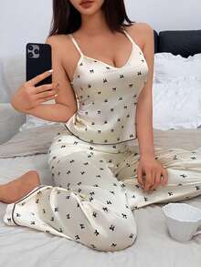 Dream Adore Bowknot Print Faux Silk Camisole & Long Pants Women's Pajama Set - Apricot - View 5