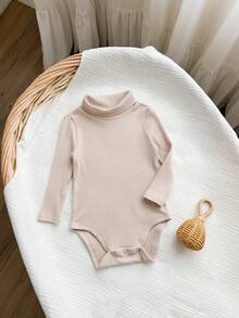 Baby Girl Solid Color Ribbed Texture Long Sleeve Turtleneck Versatile Casual Autumn Bodysuit - Apricot - View 4
