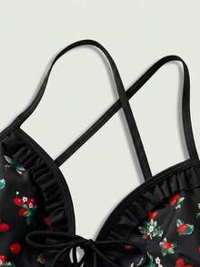 SHEIN MOD Ruffle Trim Patchwork Front Tie Strawberry Print Contrast Color One-Piece Swimsuit - Black - View 3