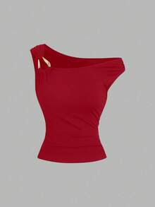 Elenzga Set de 2 piezas de talla grande, camiseta ajustada con cuello asimétrico, top casual versátil, primavera/verano - Multicolor - Ver 5