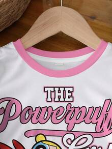 THE POWERPUFF GIRLS X SHEIN 女婴休闲日常通勤时尚街头可爱卡通字母蝴蝶结印花圆领短袖T恤 - 白色 - 查看 3