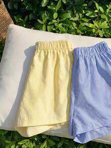 Tween Girl 2pcs/Set Casual Street Woven Striped Straight Leg Shorts - Multicolor - View 4