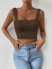 Allurite Enfärgad plisserad lös ärmlös topp, sommarbrun Crop Top - Kaffebrun - Visa 1
