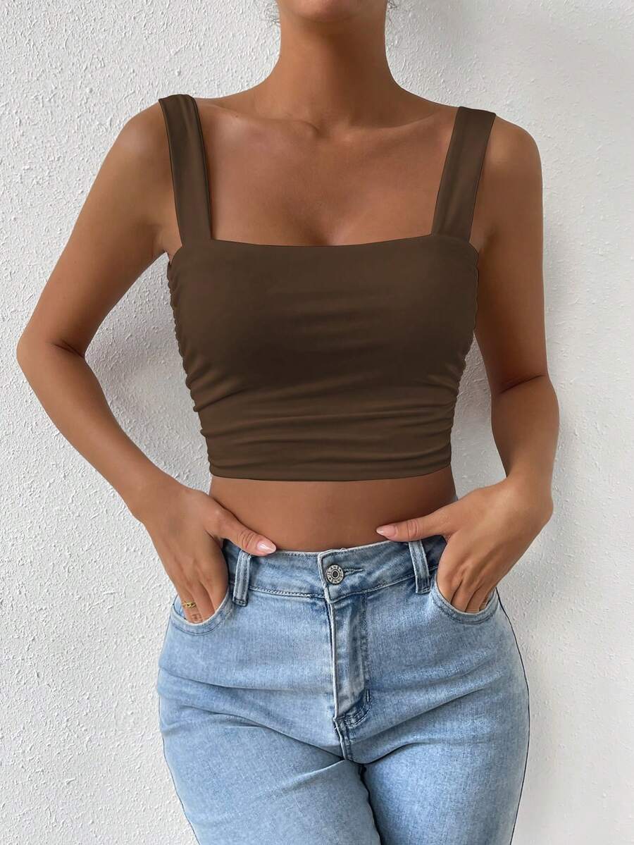 Allurite Enfärgad plisserad lös ärmlös topp, sommarbrun Crop Top - Kaffebrun - Visa 1