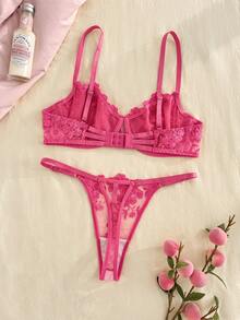 SHEIN 2pcs/Set Women's Mesh Embroidery Lingerie Set - Watermelon Pink - View 2