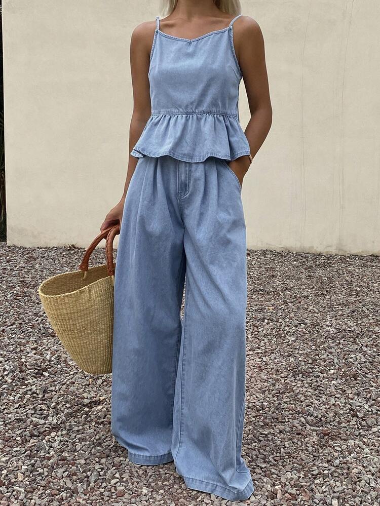 Women's Casual Vacation Style Sleeveless Dress And Straight Leg Jeans Set, Spring/Summer Vacation Light Blue