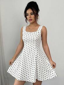 Rafferiza Ditsy Floral Square Neck Tie Waist A-Line Sleeveless Dress For Women - Black and White - View 5