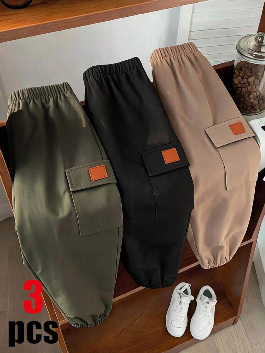 SHEIN Little Byeori 3件組兒童小男孩休閒運動學院街頭風可愛度假風運動束口褲，綠色、黑色、卡其色，工裝褲，適合春夏秋冬四季