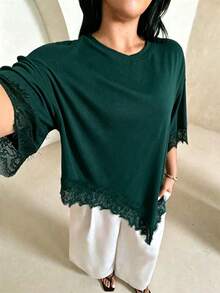 Rustia Plus Size Women Solid Color Round Neck Dropped Shoulder Contrast Lace Asymmetric Hem T-Shirt Dinner Formal Dark Green Summer Elegant Casual Formal - Dark Green - View 6