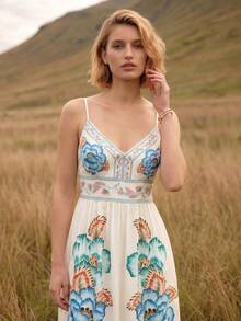 CAJUNI Women's Elegant Tropical Boho Floral Print Strap Dress For Vacation Picnic White And Blue Floral Summer - Multicolor - View 5