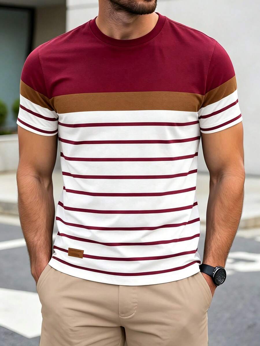 Azurnel Men's Crew Neck Short Sleeve Striped Color Block T-Shirt - Red - View 1
