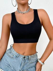 SHEIN 1pc Black Wide Strap Seamless Sports Bra, Women's High Support Shock-Absorbing Push-Up Fitness Tank Top For High-Intensity Training - Black - View 4