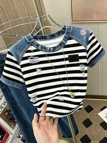 Franclia Camiseta casual de mujer de cuello redondo con parches, camiseta efecto denim, camiseta a rayas, camiseta casual cómoda para exteriores, camiseta para todas las estaciones - Azul Marino - Ver 4