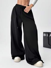 SHEIN EZwear 黑色針織女款抽繩腰寬腿寬鬆運動長褲 - 黑色 - 查看 7