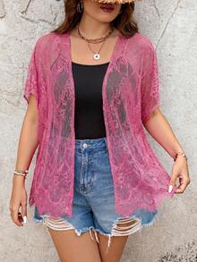 SHEIN VCAY Plus Size Short Sleeve Embroidered Semi-Transparent Kimono Vacation Summer - Red Violet - View 5