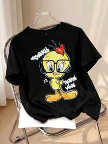 LOONEY TUNES X SHEIN 女款字母卡通印花短袖T恤 - 白色 - 查看 1