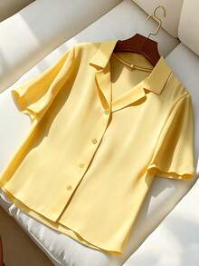Franclia Blus Wanita Kasual Lengan Pendek Berkerah Warna Polos Serbaguna, Musim Panas - Kuning - View 5