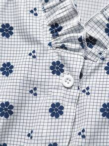 Linhara Kemeja Kasual Wanita Plus Size Motif Kotak Biru Putih dengan Ruffle dan Kerah V Lengan Panjang - Biru - View 3