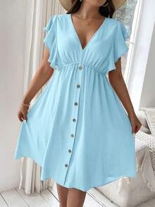 Vionelle Plus Size Women's Solid Color Button Design Casual Ruffle Dress - Blue - View 1