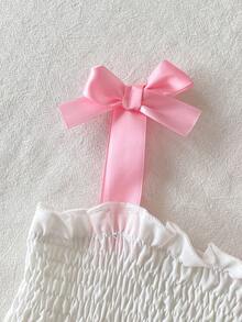 SHEIN 女嬰假日拼接蝴蝶結肩帶刺繡下擺洋裝，夏季 - 粉色 - 查看 3
