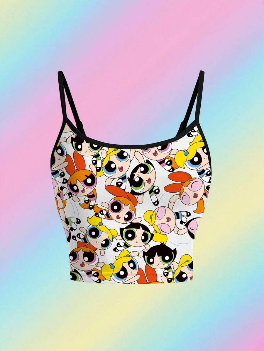 THE POWERPUFF GIRLS X SHEIN 女款夏季全身印花卡通圖案細肩帶吊帶背心上衣 - 白色 - 查看 1