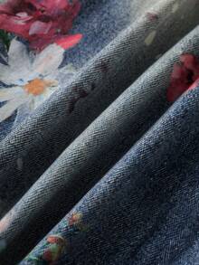 ROMWE MEN Men's Floral Pattern Patch Pocket Wide Leg Loose Casual Denim Jeans - Blue - View 8