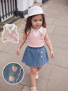 SHEIN Playful Pals 2件組女嬰粉色V領領口無袖背心上衣 & 淺藍色裙褲可愛夏季度假套裝，附刺繡蝴蝶結藍色調 - 粉色 - 查看 2