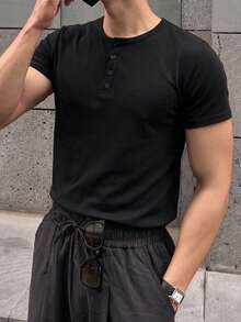 DAZY Slim Fit Black Elastic Fabric Half-Zip Men's T-Shirt Summer - Black - View 2