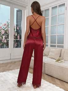 SHEIN 蕾絲飾邊女款性感仿絲露背交叉肩帶睡衣套裝 - 紅色 - 查看 2