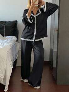 Livesso 春季緞面蕾絲荷葉邊長袖上衣與直筒長睡褲 2件組女款睡衣套裝 秋季 - 黑色 - 查看 3