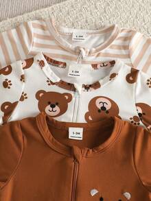 SHEIN Newborn Baby 3 Pieces Set Cute Striped Bear Print Crewneck Long Sleeve Zipper Jumpsuit Fall/Winter - Multicolor - View 5